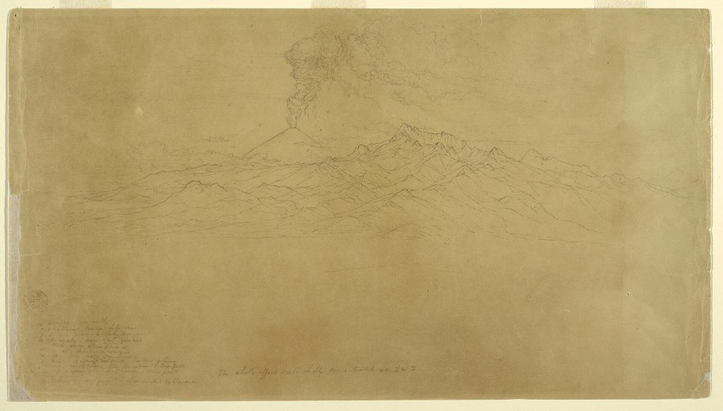 A volcano emitting smoke from its crater